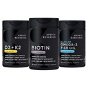 Sports Research® Healthy Hair Pack - Βιοτίνη 5.000mcg με οργανικό λάδι καρύδας + βιταμίνη Vegan D 5000iu & Mk7 Βιταμίνη K 100mcg + Ωμέγα-3 ιχθυέλαιο 1250