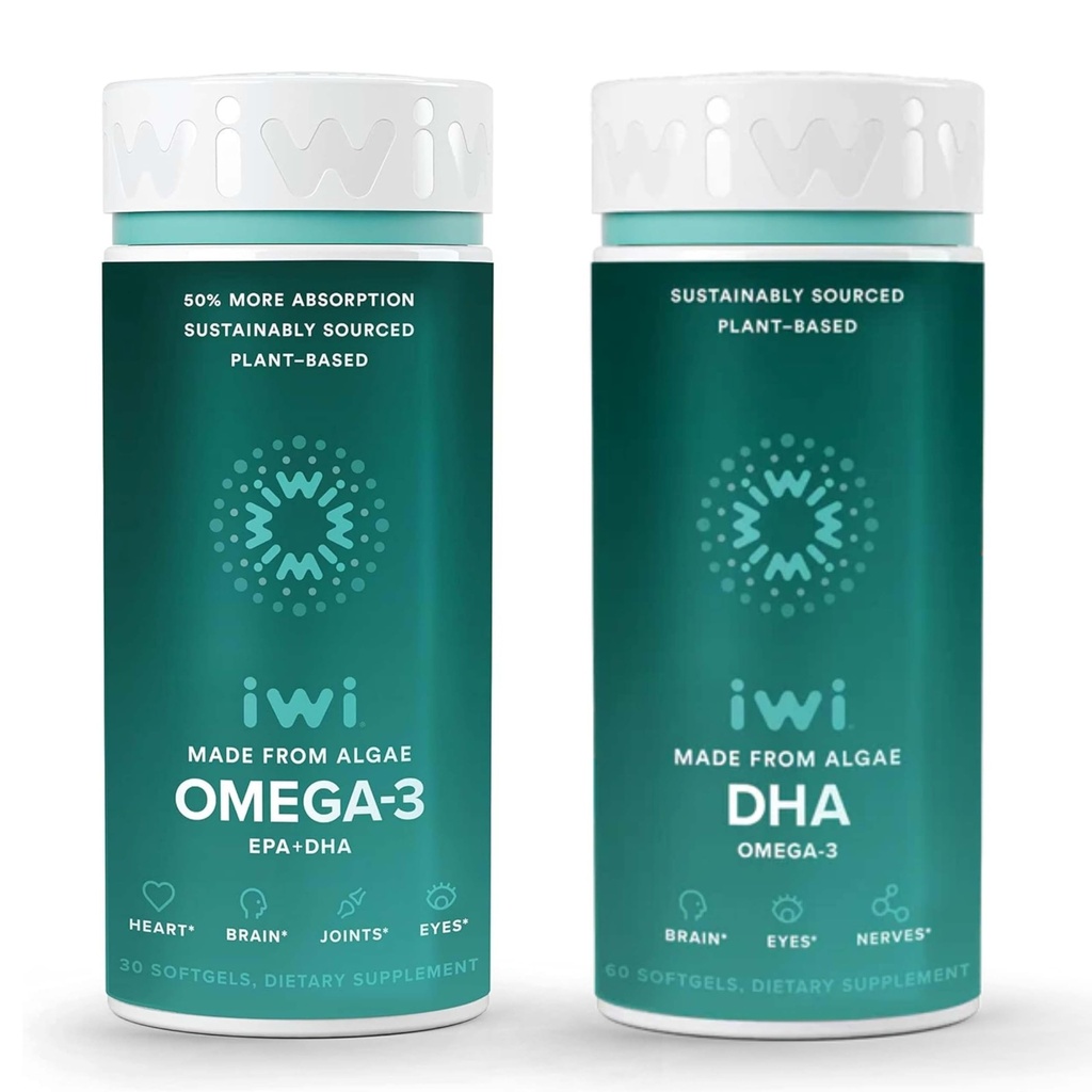 Iwi Omega-3 & DHA Omega-3 Bundle, 30 εξυπηρετήσεις, Vegan Plant-based Algae Omega 3, Krill & Fish Oil Εναλλακτική, Δεν Ψάρια Επίγευση