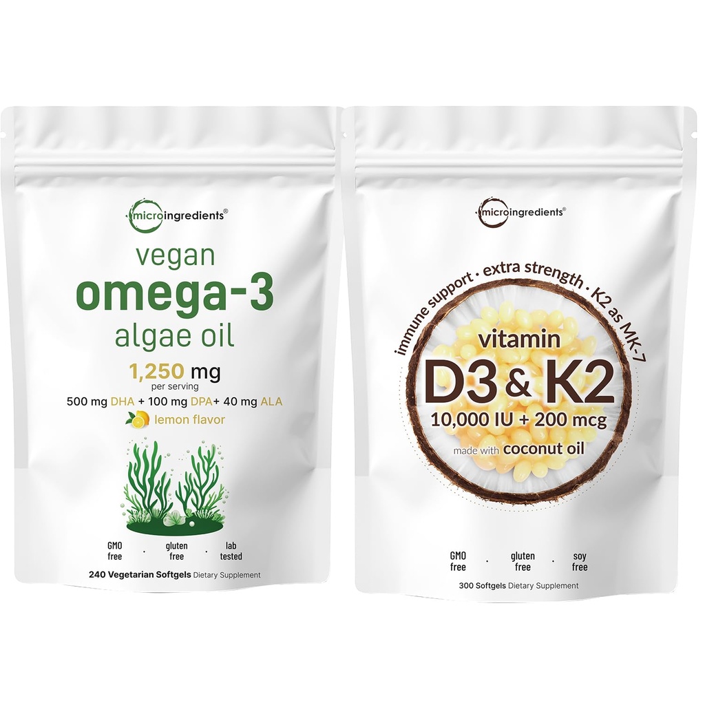 Micro Συστατικά Βιταμίνη D3 10.000iu + K2 200mcg Έλαιο καρύδας Softgels & Vegan Omega 3 Συμπλήρωμα έλαιο άλγης Bundle 2 Pack 