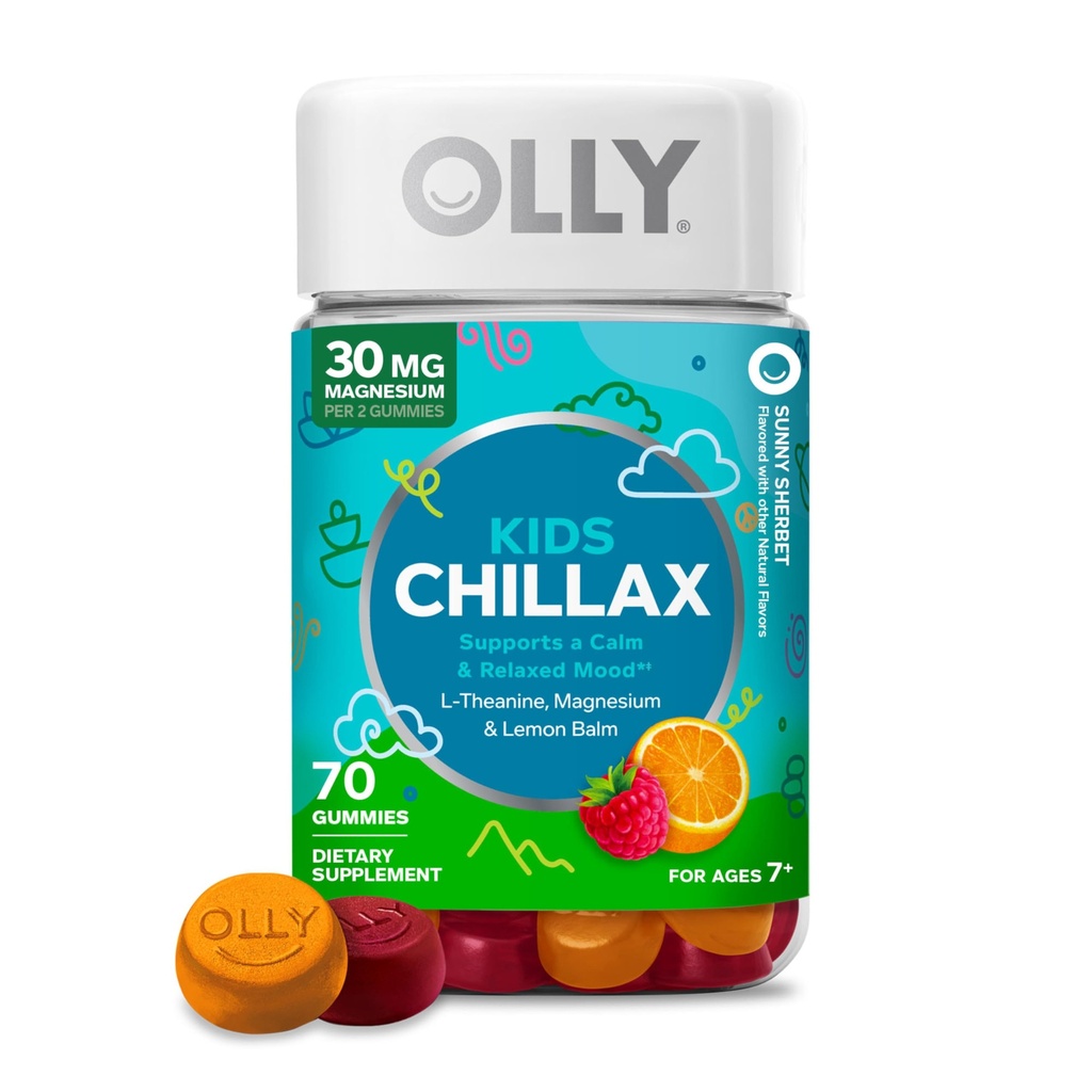 OLLY Kids Chillax Gummy, για μια ήρεμη και χαλαρωτική διάθεση*, Μαγνήσιο, L-Θεανίνη, εκχύλισμα λεμονιού, Chewable συμπλήρωμα, Sherbet Γεύση, 35 Ημέρα προσφοράς - 70 Count (Packaging May Vary)