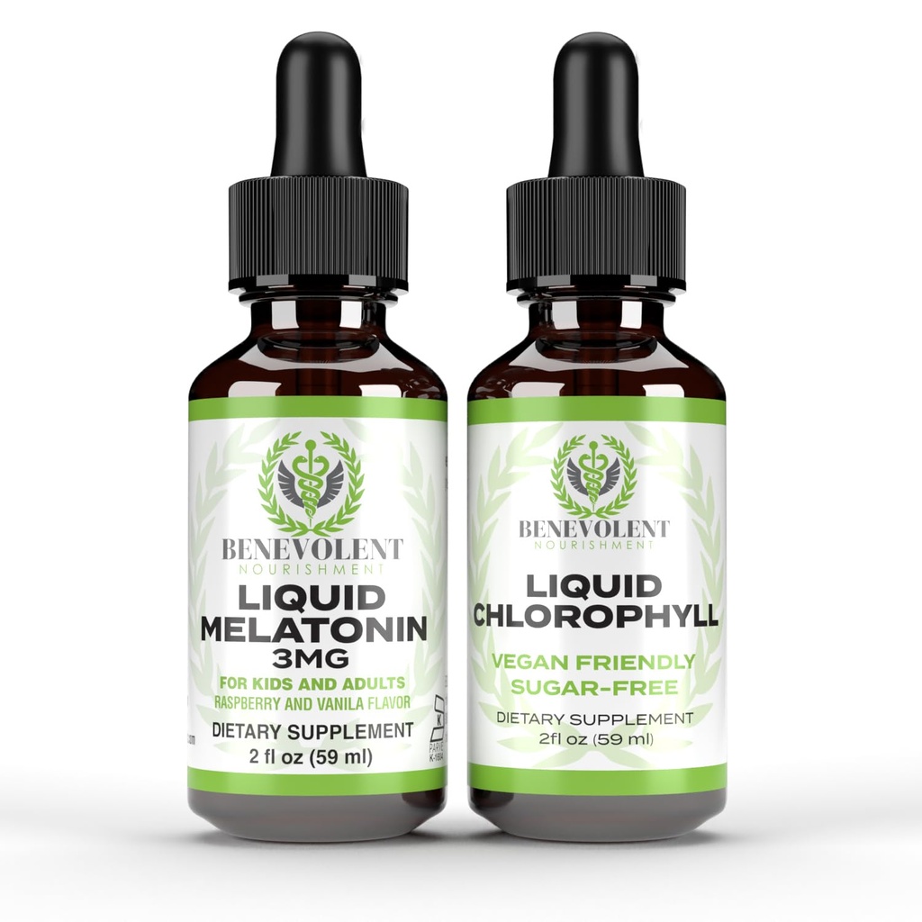 Liquid Melatonin for Kids and Adults 3mg & Liquid Chlorophyll Bundle - Natural Sleep Aid Drops, Berry Vanilla Flavor, Made in USA - Sleep Support & Skin Support