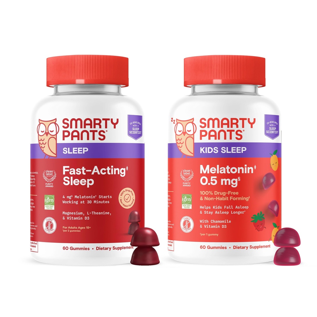 SmartyPants Sleep Gummies Family Bundle: Ενηλίκων & παιδιών Υποστήριξη ύπνου με μελατονίνη – Χωρίς ναρκωτικά, Μη Διατροφή που αποτελούν, Φρούτα Γεύση, 60 Count (Pack of 2)