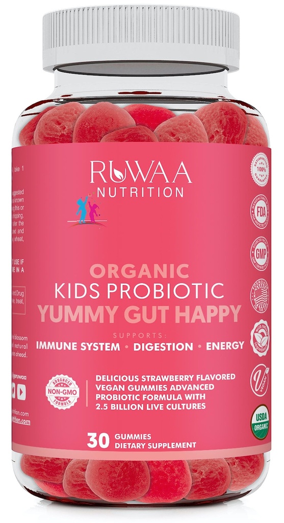 RUWAA NUTRITION παιδιά οργανικά προβιοτικά Gummies για Digestive Υγεία, ανοσοποιητική υποστήριξη, δυσκοιλιότητα, Bloating. 2.5 Δισεκατομμύρια CFU, Flavor φράουλας, μασώμενα προβιοτικά για παιδιά ηλικίας 4+, 30ct (1)