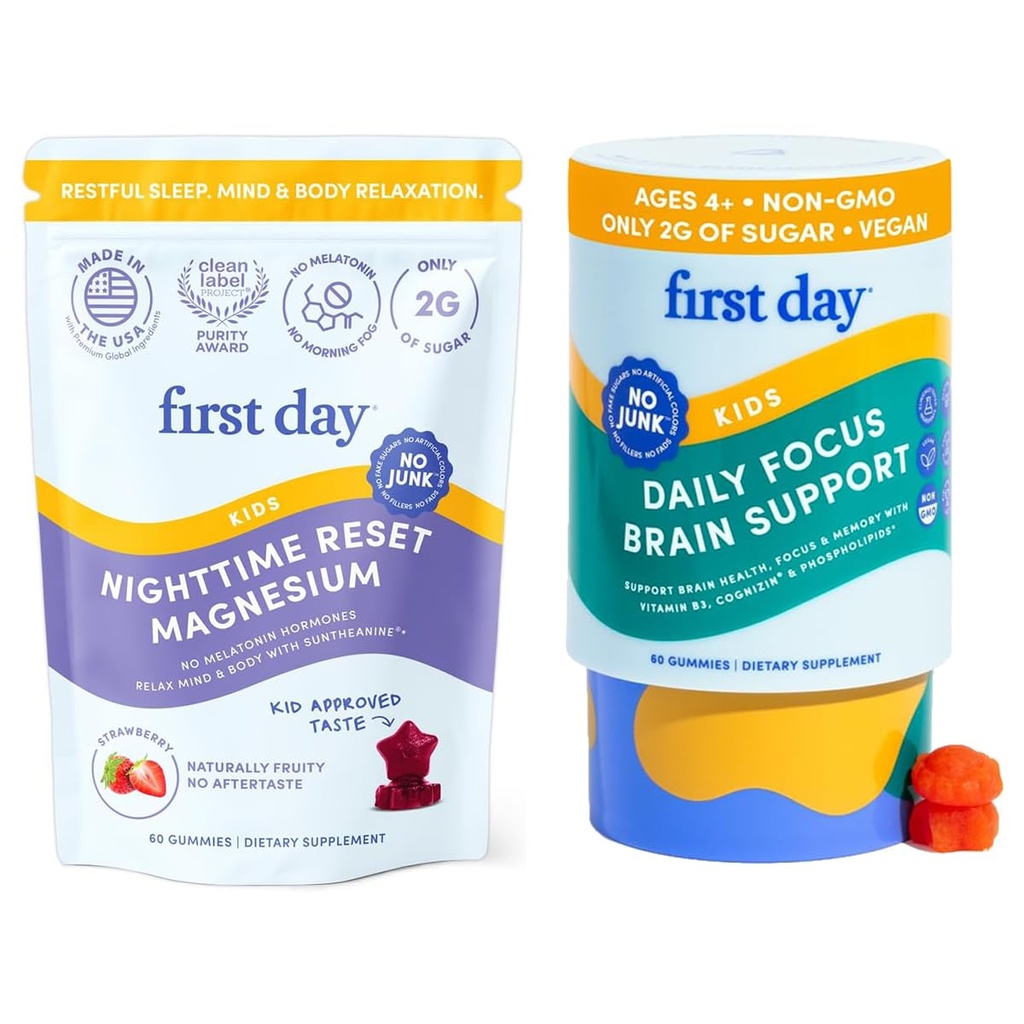 FIRST DAY Kids Calming Gummies (Strawberry) & Brain Focus Gummies (Peach) for Rest & Attention | Mood & Energy | No Melatonin | Stimulant-Free | Clean Label Project Verified® | Vegan | 30-Day Supply