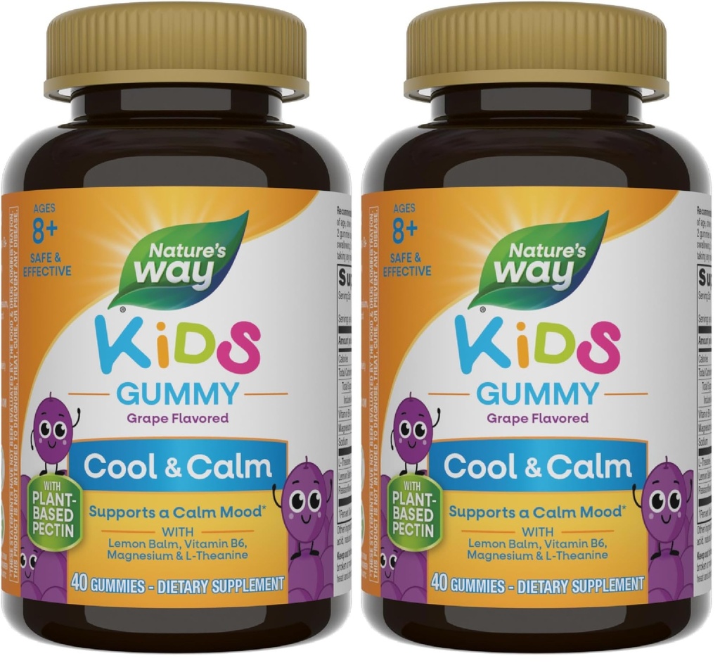 Nature's Way Kids Cool & Calm Gummies,Supports a Calm Mood in Kids Ηλικίες 8+*,Lemon Balm,Magnesium,Vitamin B6,L-Θηανίνη,Γραφείο Γεύση,Βεγεταρικά,(Packing May Vary),40 Count (Pack of 2)