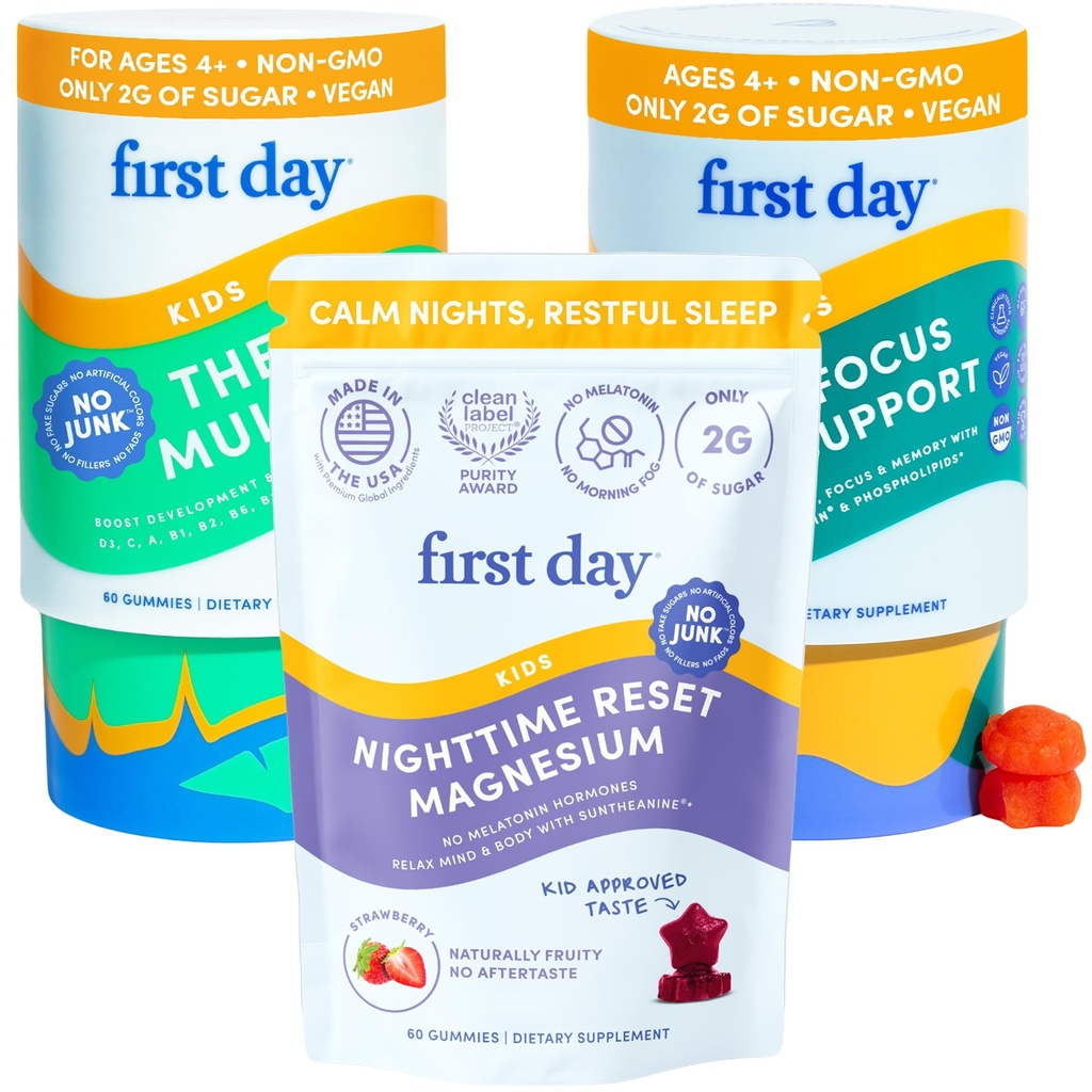 FIRST DAY Kids Calming Magnesium (Strawberries), Multivitamin (Strawberry & Orange), & Brain Focus (Peach) Gummies | Daily Nutrients, Mood & Focus | Clean Label Project Verified® | Vegan | 30-Days
