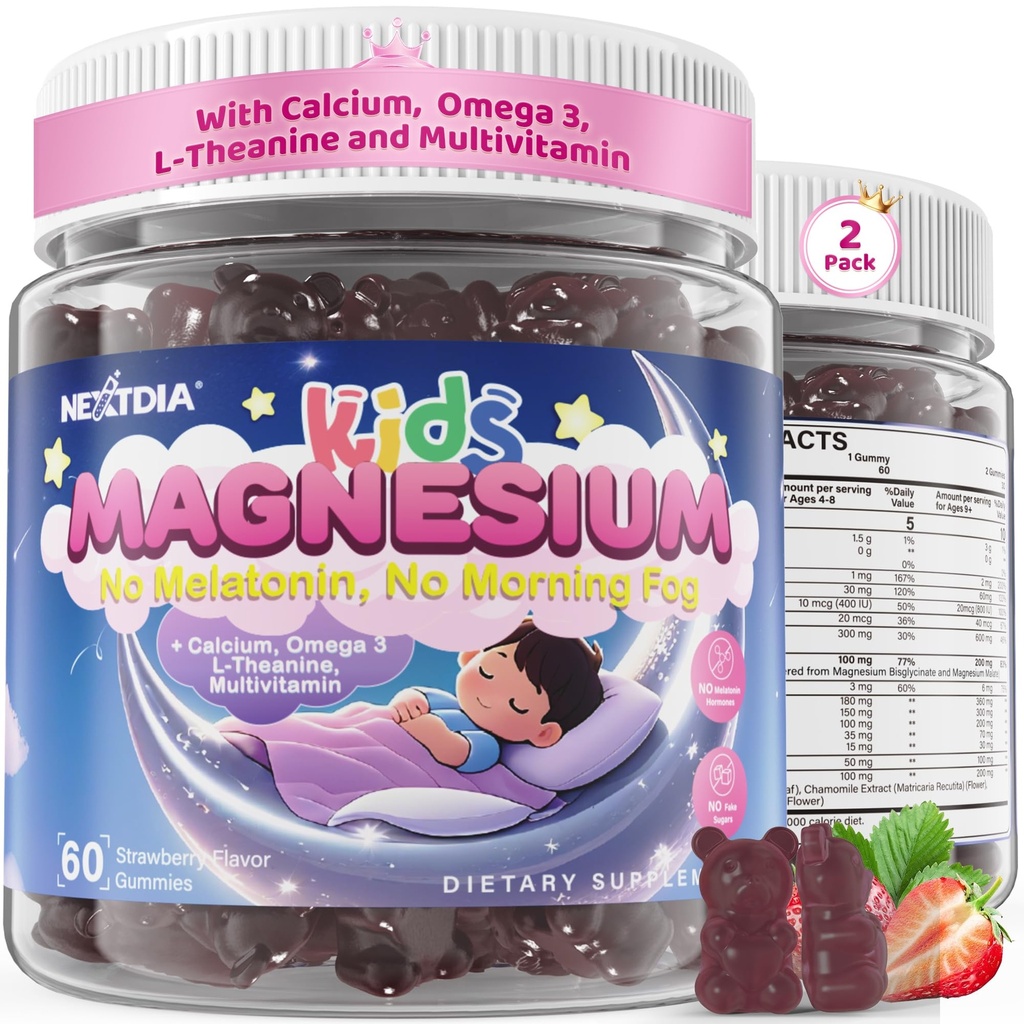 Παιδιά Μαγνήσιο Γλυκινικό Gummies + Ασβέστιο + Ωμέγα 3 - Παιδιά Ύπνος & Ήρεμος Gummies, Μελατονίνη Δωρεάν Μαγνήσιο Gummies + L-theanine, B6, D3 & K2, Ψευδάργυρος, C για Αναπαύσιμο Ύπνο, Οστά, Εγκέφαλος & Ανοσία, 2 Συσκευασία