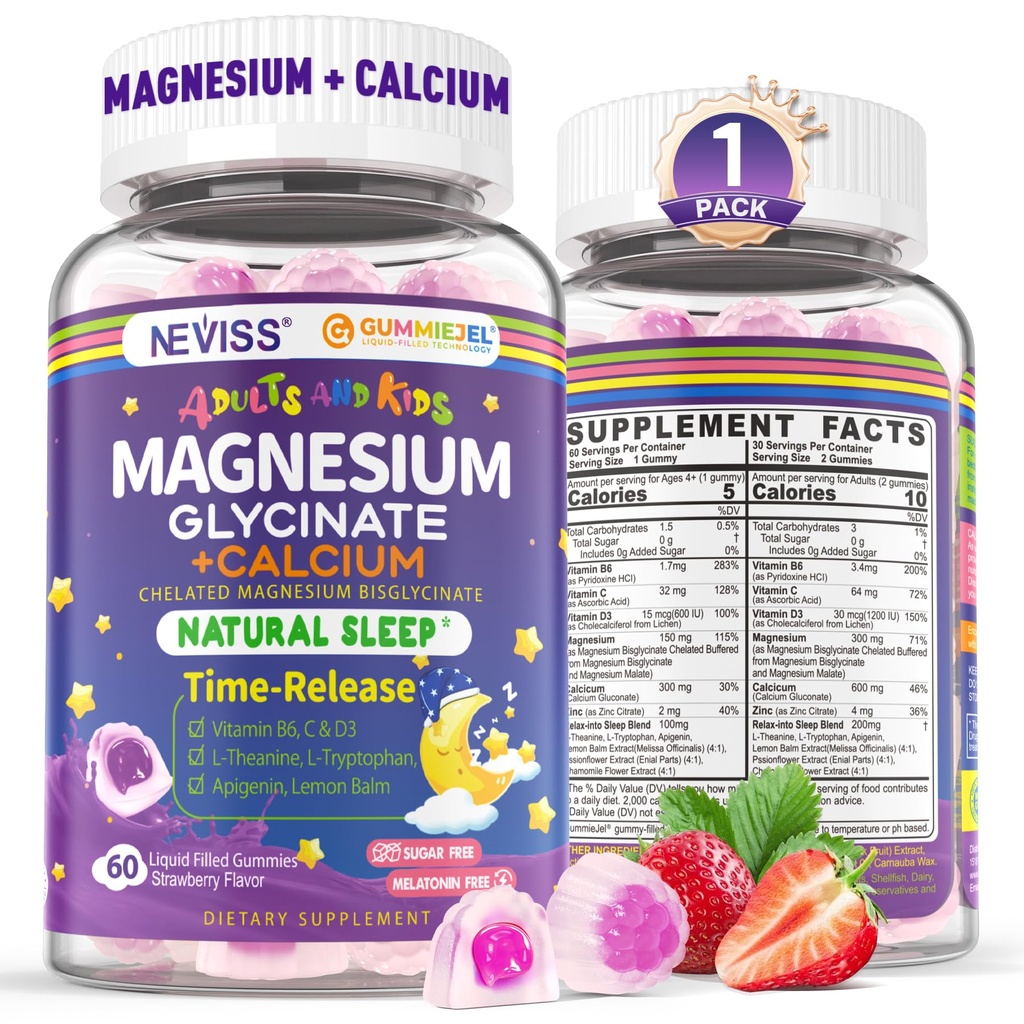 Neviss Μαγνήσιο Γλυκινικό + Ασβέστιο Γεμισμένο Gummies για ενήλικες και παιδιά 4+, Παιδιά Ύπνος Gummies Μελατονίνη Δωρεάν, Ζάχαρη Δωρεάν Magnesium Συμπλήρωμα με B6 D3, L-Θεανίνη για Zzz & Χαλαρώστε, Εγκέφαλος,Μπόουν,Μουσική