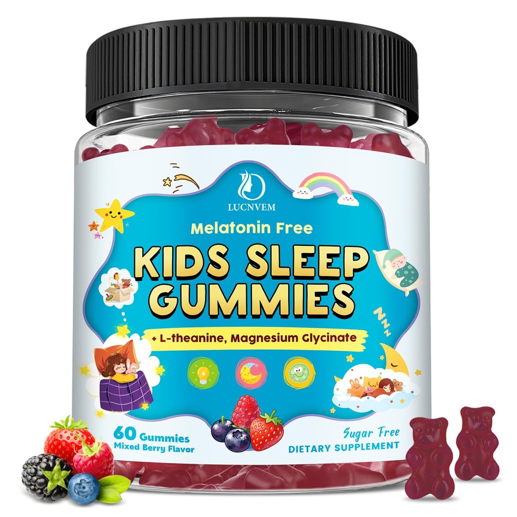 Kids Sleep Gummies with Magnesium Glycinate – Melatonin Free Bedtime Support for Kids – Calm & Relaxation with L-Theanine, GABA, Chamomile & Lemon Balm – Sugar Free Mixed Berry Flavor, 60 Gummies