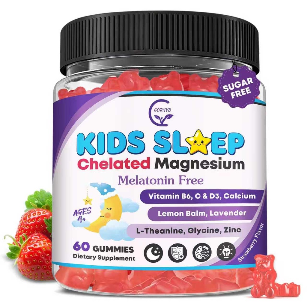 Kids Sleep Gummies, NO Melatonin Sleep Aid Gummies w/ Magnesium Glycinate, Calcium Citrate, L-Theanine, GABA, Vitamin D3 K2 B6 Zinc, Chamomile & Lemon Balm for Zzz & Relax, Brain, Bone, Non-GMO 1Pack