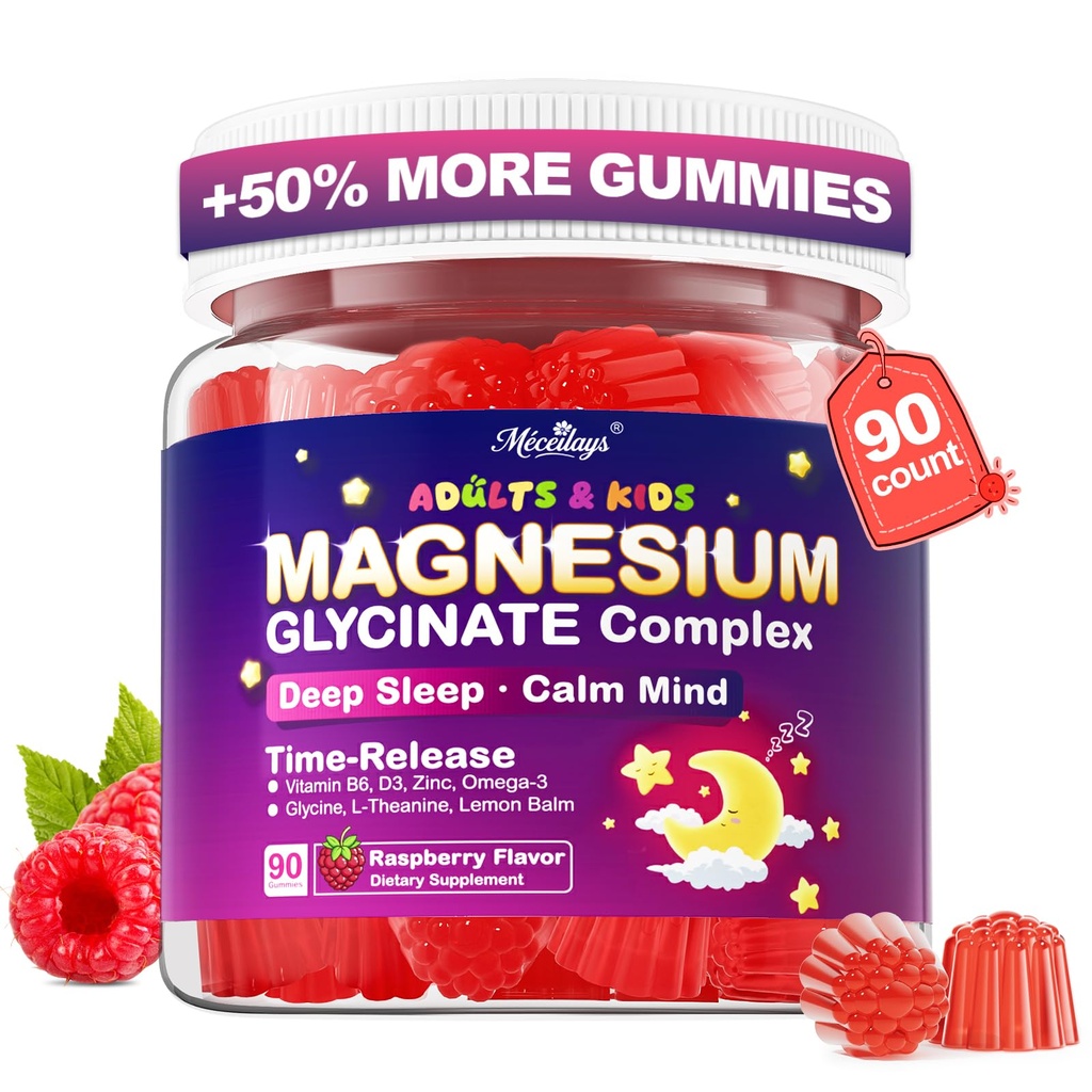Μαγνήσιο Γλυκινικό Gummies για παιδιά 4+ & ενήλικες, 90 Counts No Μελατονίνη Μαγνήσιο Gummies για ύπνο & ηρεμία, Χωρίς ζάχαρη Vegan με γλυκίνη, L-Θεανίνη, B6, D3, Ψευδάργυρος & Ωμέγα 3 - Βατόμουρο Γεύση