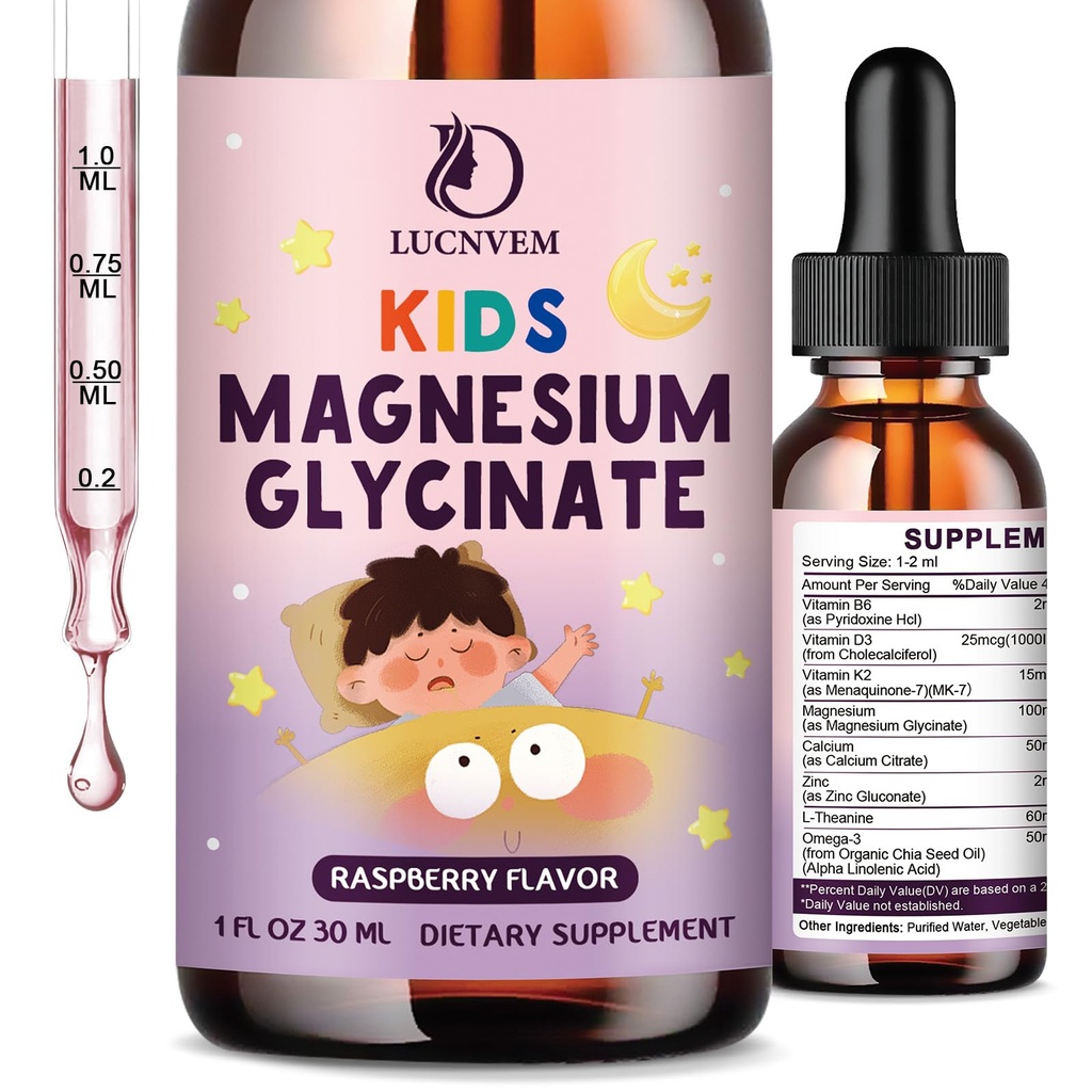 Kids Magnesium Glycinate Sleep Liquid Drops – Magnesium Glycinate with L-theanine for Sleep & Calm Support – Melatonin-Free, Sugar-Free Raspberry Falvor – 1 Bottles, 30ml Each