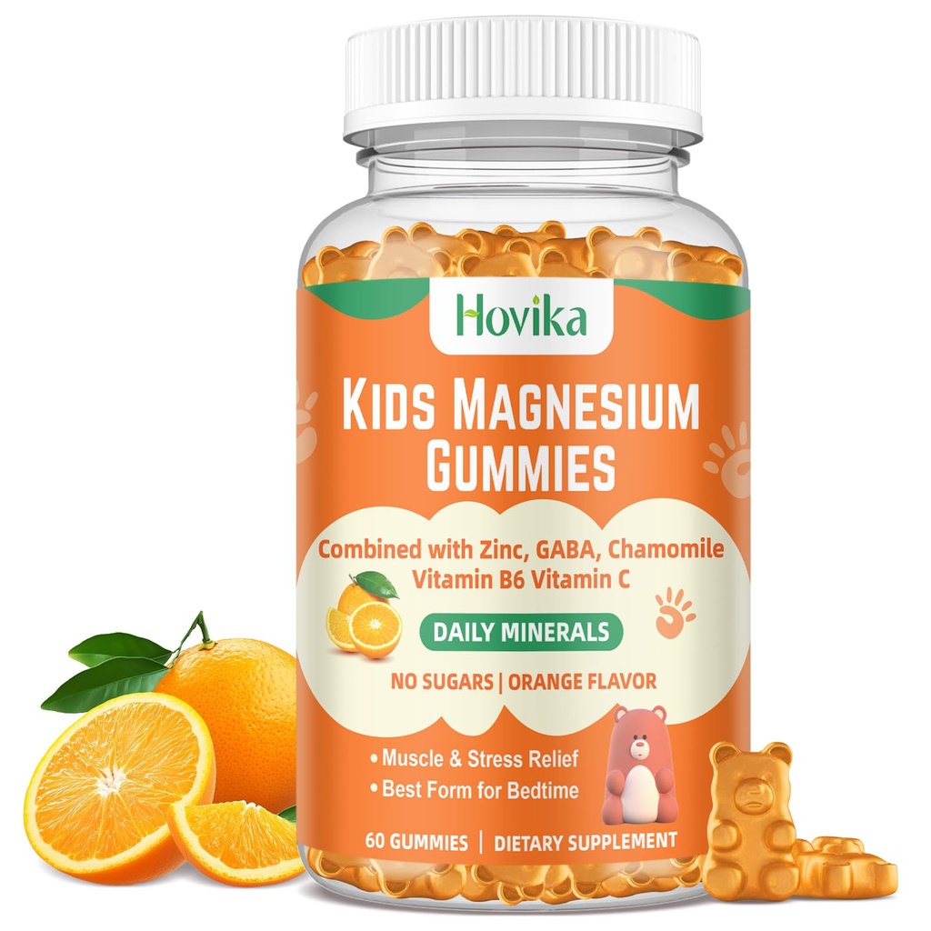 Μαγνήσιο Γλυκινικό Gummies για παιδιά: Ήρεμο συμπλήρωμα μαγνησίου για παιδιά & ενήλικες με κιτρικό ψευδάργυρο, GABA, χαμομήλι, βιταμίνη B6 & C - Ύπνος, χαλάρωση & εστίαση, Πορτοκαλί Γεύση 60 Count
