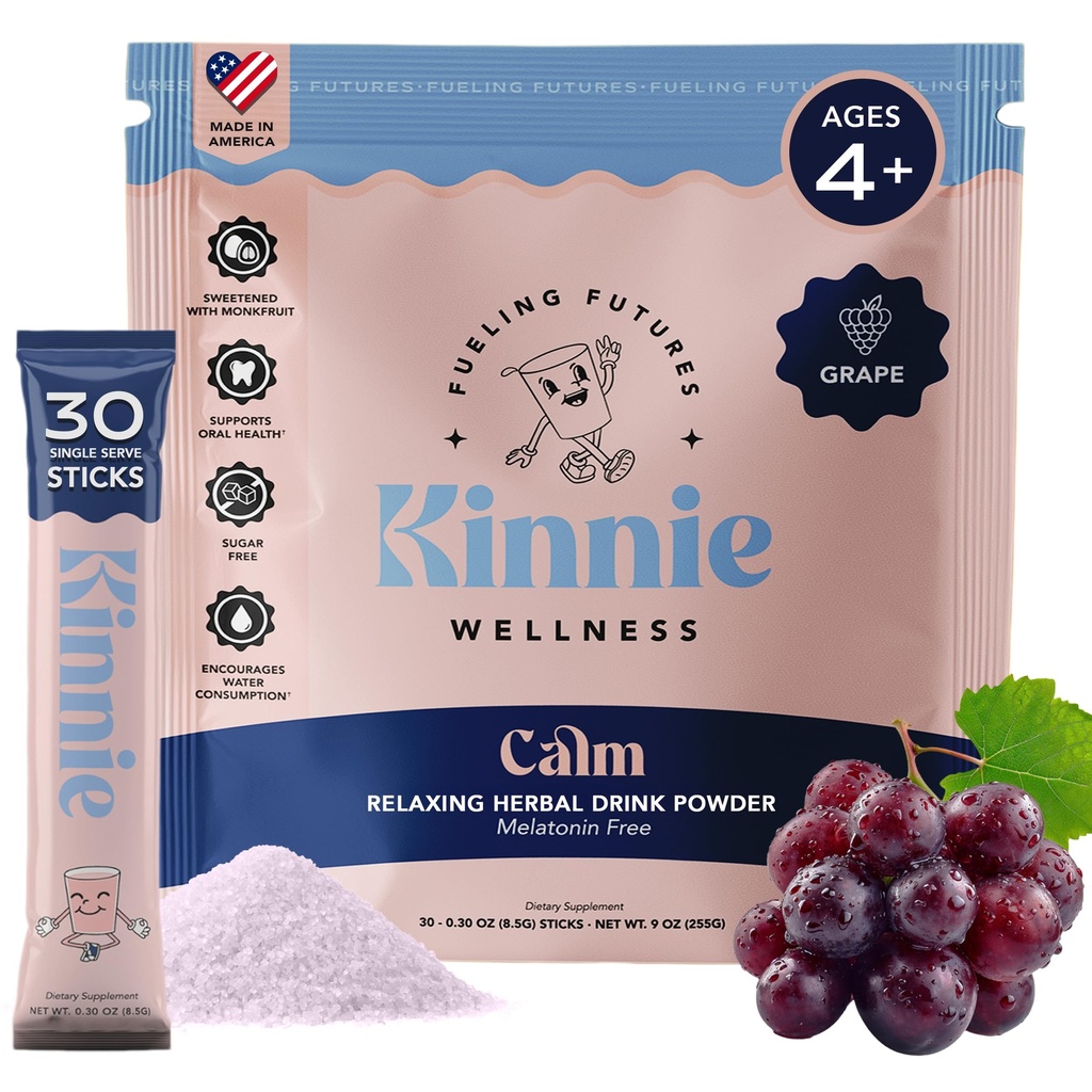 Kinnie Calming Sugar Free Vitamin Mix for Kids - Grape Flavor, Melatonin Free - Herbal/Magnesium Supplement for Bedtime, Focus & Travel (30 Sticks)