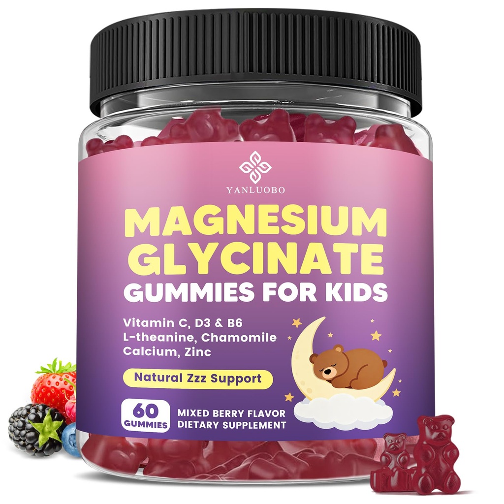 Παιδικά Gummys μαγνήσιο, Μαγνήσιο Γλυκινικό Gummies 400mg/200mg με L-Θεανίνη, Χαμομήλι, Βιταμίνη Β6, D3 για Παιδιά, Χαλάρωση & Zzz Υποστήριξη, Νεύρο Οστών - Χωρίς ζάχαρη Μεικτό άρωμα μούρου 60ct