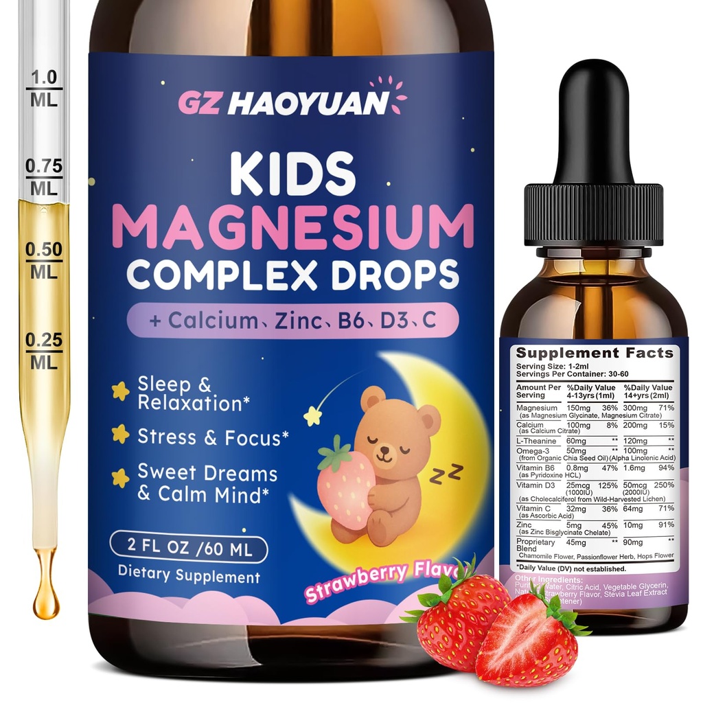 Kids Magnesium Liquid Drops - Magnesium Glycinate Drops for Kids, Citrate Liquid with Calcium, Omega-3, L-theanine, Zinc, Vitamin B6 D3 C for Sleep, Relaxation, Calm & Focus, Strawberry Flavor,2 Fl Oz
