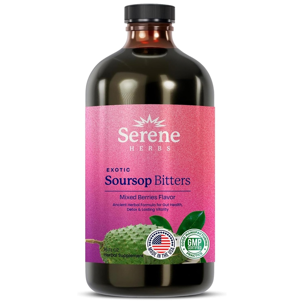 Serene Herbs Soursop Bitters Υγρό με φύλλα Soursop Cleanse, Detox & Immune Boost με μαύρο σπόρο, Moringa, Irish Moss, Ashwaganda, Turmeric, 16 fl oz (16 Fl Oz (Pack of 1), Mixed Berry)