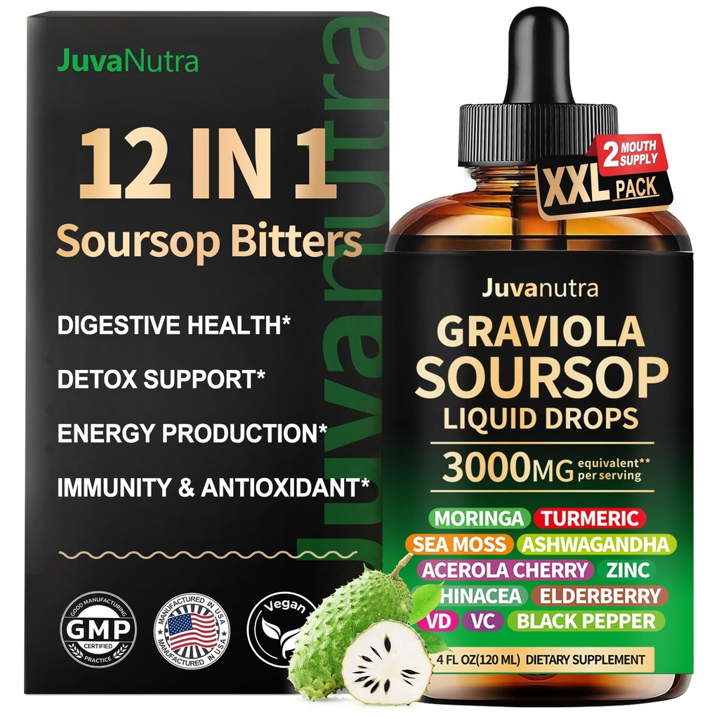 (4 Fl Oz) Soursop Bitters Liquid Drops 12 in 1 with Sea Moss, Moringa, Turmeric, Echinacea & Ashwagandha Extract - Φυτικό τονωτικό για Digestive Wellness & Immune Support