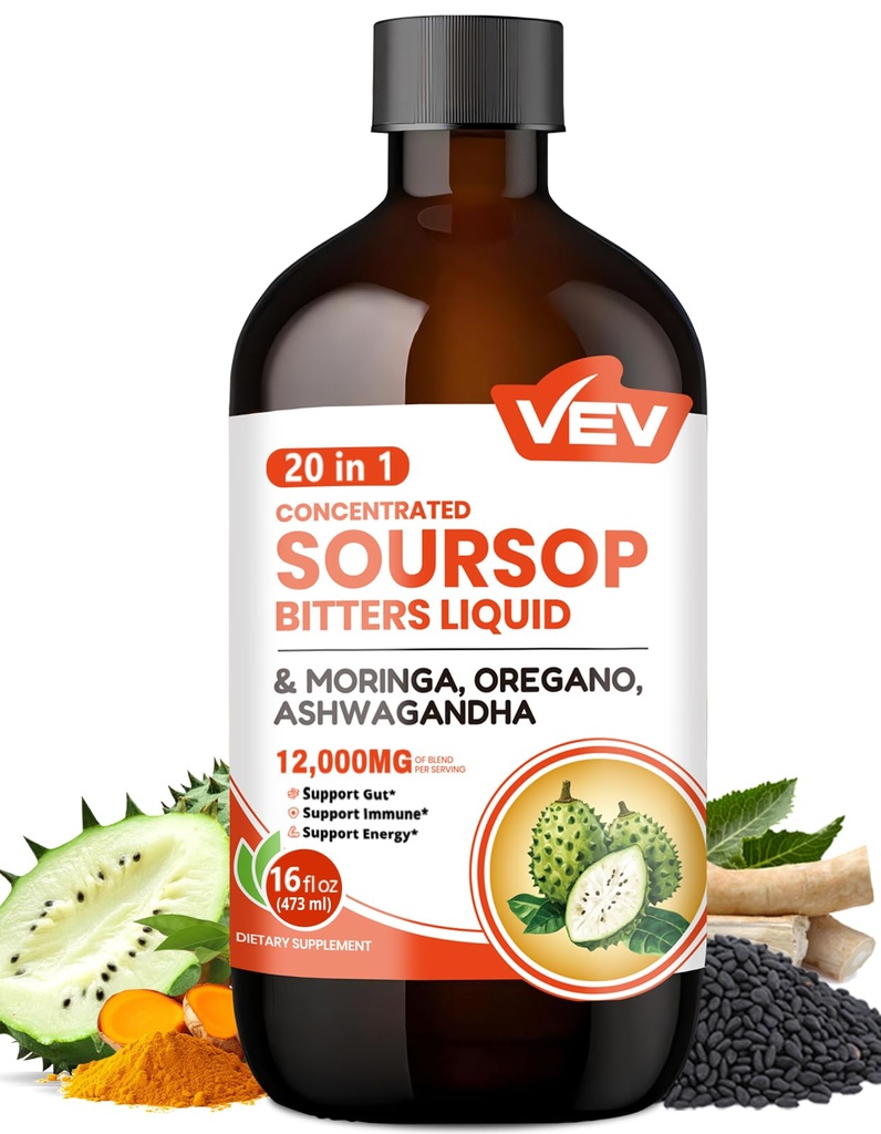 VEV Soursop Bitters Liquid, Graviola Extract Sugar-Free Formula, 20 IN 1, με μαύρο σπόρο, Moringa & Oregano, Digestive Health & Immune Function, Stress Relief, Sleep Support, Vegan -16 oz