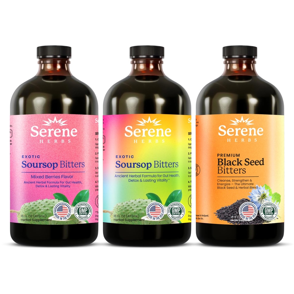 Serene Herbs Soursop Bitters Liquid, Mixed berries & Black Seed Triple Bundle – Organic Herbal Guanabana for Digestive Support & Immune Health – Vegan, Non-GMO – 48 oz (16 oz Each), 3 Pack