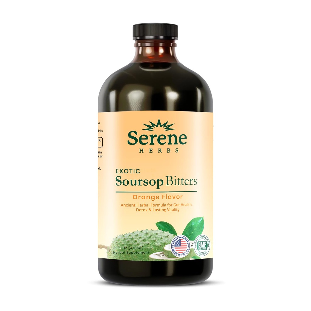 Serene Herbs Soursop Bitters Liquid – Organic Herbal Sour SOP Guanabana με Μαύρο Σπόρο, Moringa, Ιρλανδικό Moss & Ginger – Υποστήριξη ούρων, Ενέργεια & Ανοσοποιητικό Boost – Vegan, Μη ΓΤΟ – 16 oz