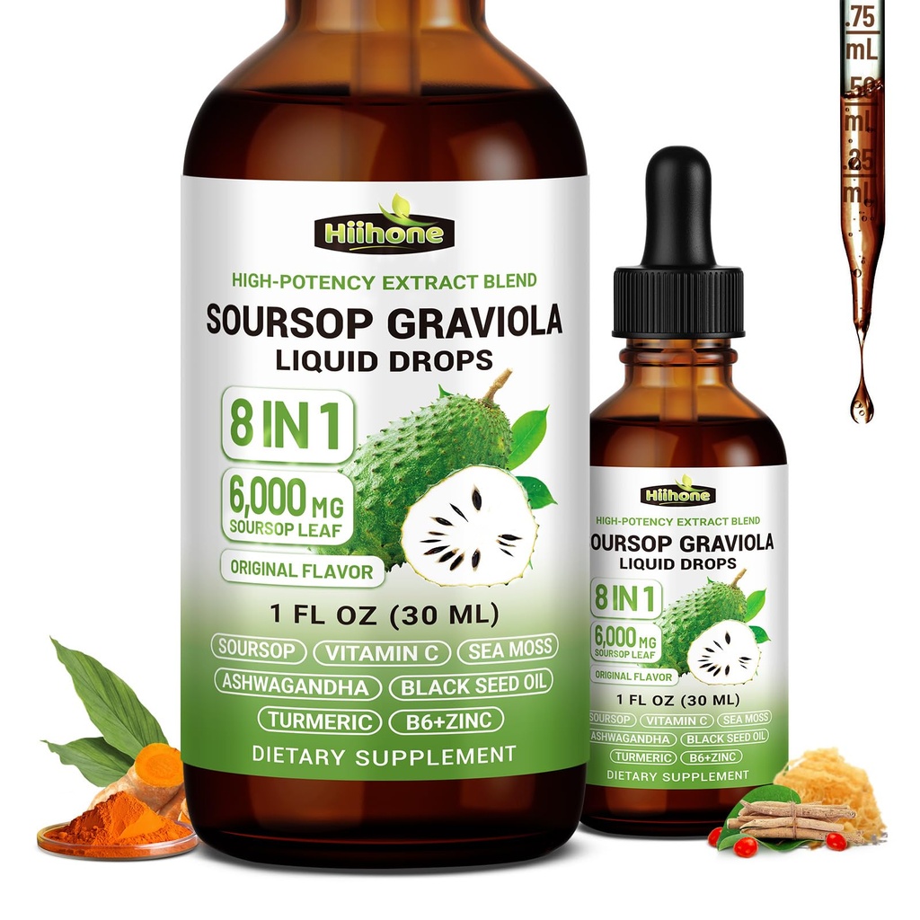 (2 Pack) 8 in 1 Graviola Soursop Leaf Extract Liquid - Soursop Bitters Liquid with Sea Moss, Ashwagandha and Turmeric, for Immune & Liver, Zzz & Antioxidant & Cell Support,1 Fl Oz