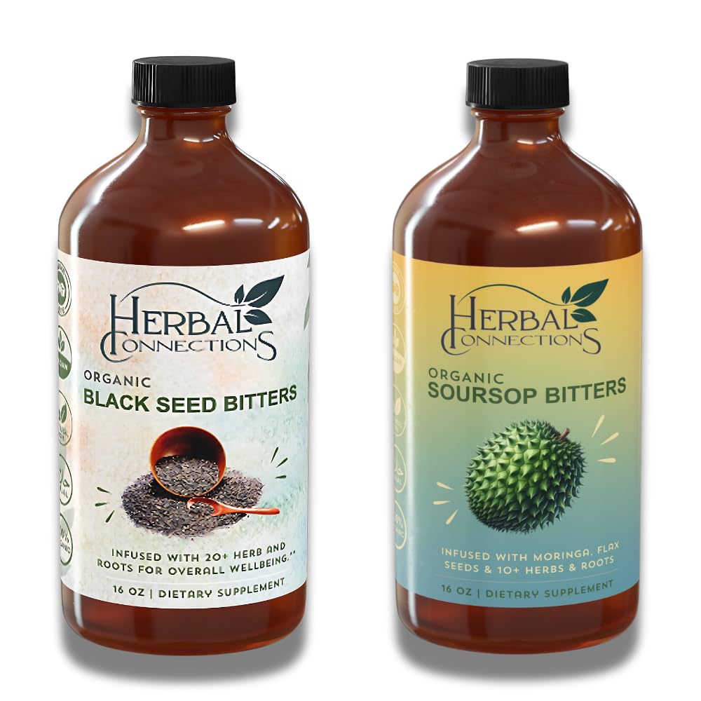 Βότανο Συνδέσεις Βιολογικές Soursop & Μαύροι Σπόροι Bitters Bundle - Φυσικό φυτό-βασισμένα συστατικά για Gentle Detox & Digestive Υγεία Δύο μπουκάλια, 32 ουγγιά το καθένα, 64 σερβιρίσματα