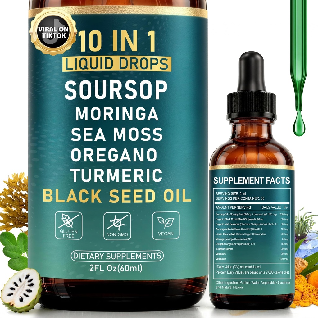 10-σε-1 Soursop Bitters Υγρές σταγόνες για τον καθαρισμό της ουροδόχου κύστης & ανοσοενίσχυση & Detox με θαλασσινό βόθρο, Moringa, Μαύρο Έλαιο Σπέρματος, Κουρκουμάς, Ashwagandha, VC, VD - 2 Fl Oz - Μη-GMO, Vegan