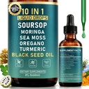 10-σε-1 Soursop Bitters Υγρές σταγόνες για τον καθαρισμό της ουροδόχου κύστης & ανοσοενίσχυση & Detox με θαλασσινό βόθρο, Moringa, Μαύρο Έλαιο Σπέρματος, Κουρκουμάς, Ashwagandha, VC, VD - 2 Fl Oz - Μη-GMO, Vegan