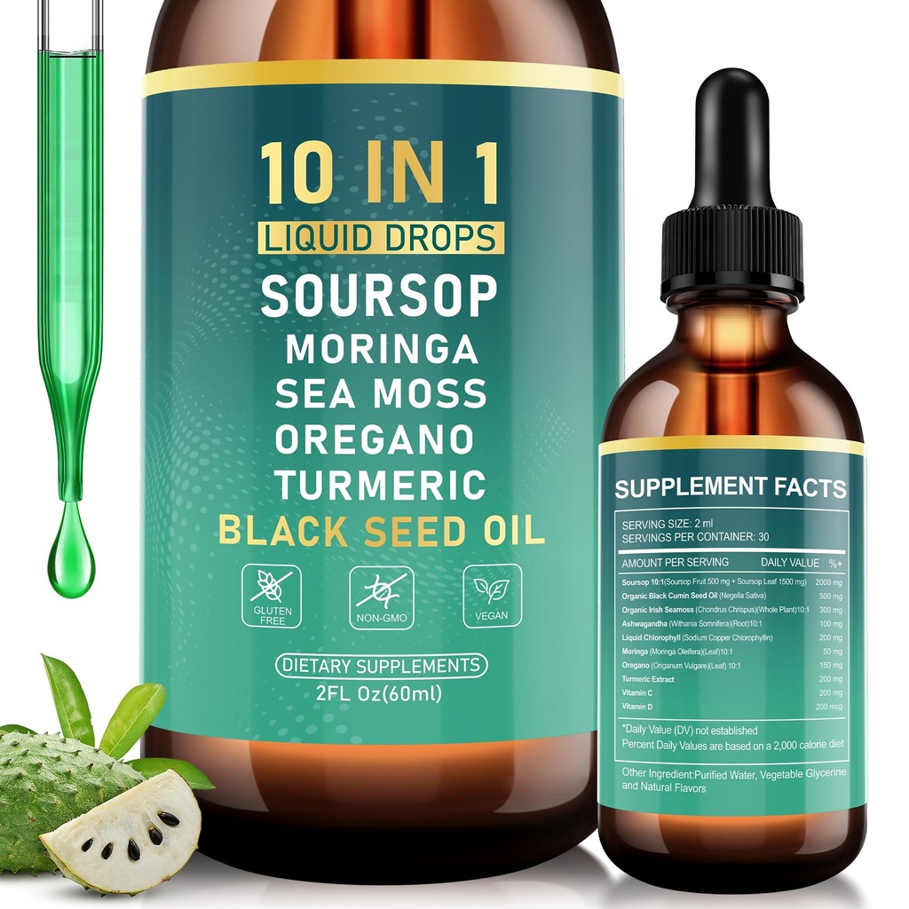 Soursop Bitters Liquid Drops, Bitter Herbs with Soursop Extract, Ashwagandha, Sea Moss & Black Seed Oil, Formulated for Immune Wellness, Antioxidant Support & Healthy Digestion, 2 FL Oz