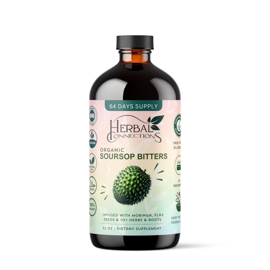 Soursop Bitters Liquid 32 Ounces - 64 Servings - 20 Herb Formula with Soursop, Moringa, Sea Moss, Turmeric, Ginger & Cayenne | Gut Health, Natural Cleanse & Daily Wellness | Vegan & Organic