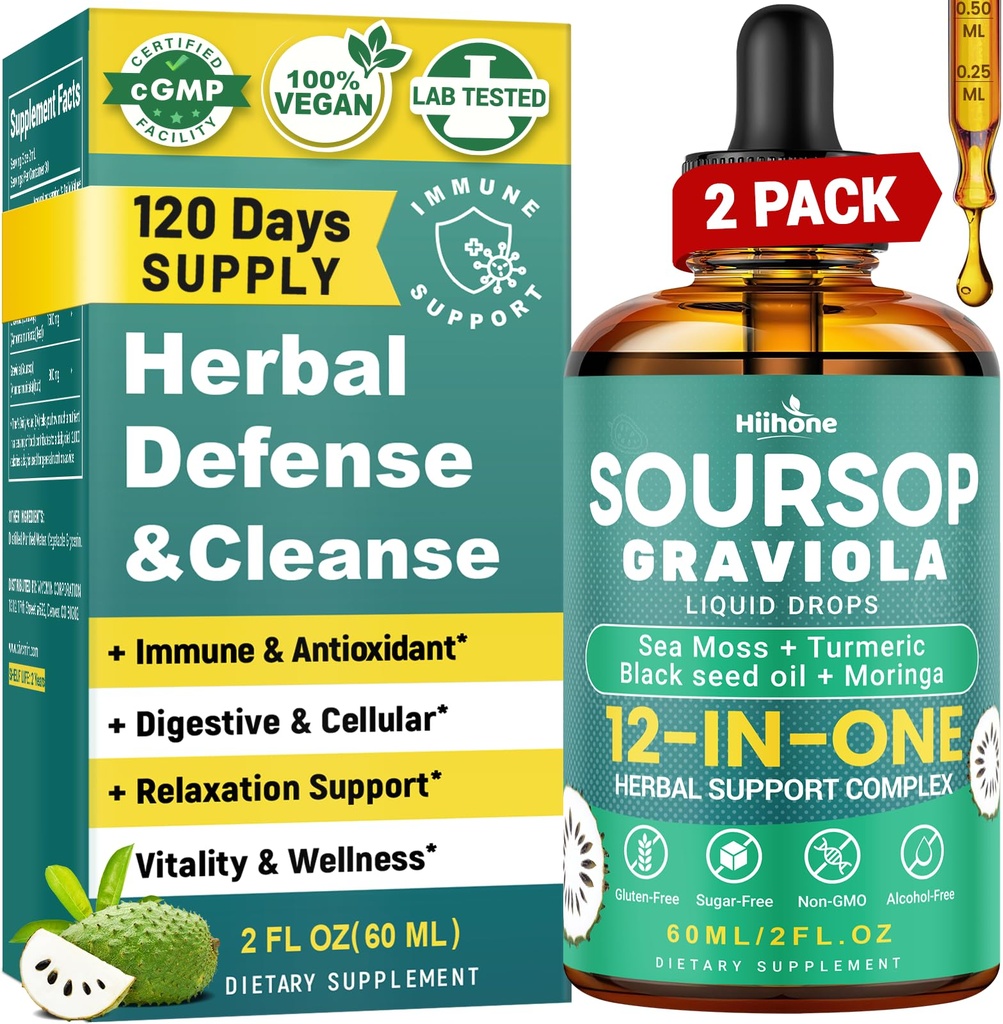 HIIHONE (2 Pack) 12-σε-1 Soursop Bitters Υγρές σταγόνες με θαλασσινό Moss, Μαύρο Λάδι Σπόρου, Moringa για την υποστήριξη & αναγέννηση κυττάρων, Ανοσία, Ήπαρ, Οπίσθιο & Αντιοξειδωτικό - 2 Fl Oz