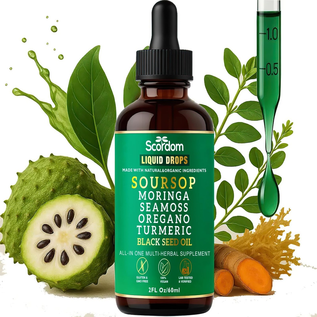 Soursop Bitters Liquid Drops 10-in-1 with Sea Moss, Turmeric, Moringa, Black Seed Oil, Oregano, Ashwagandha & Herbal Extracts - Supports Overall Wellness, Vegan, 60mL/2 Fl Oz