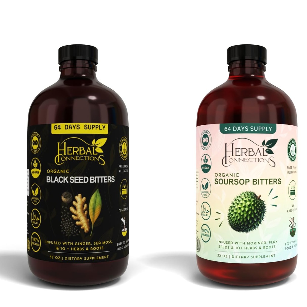 Black Seed & Soursop Bitters Bundle – 2 x 32 oz Μπουκάλια - 64-Day Supply – Vegan Organic Herbal Tonic for Digestive Health & Wellness – No Sugar, Made in USA.