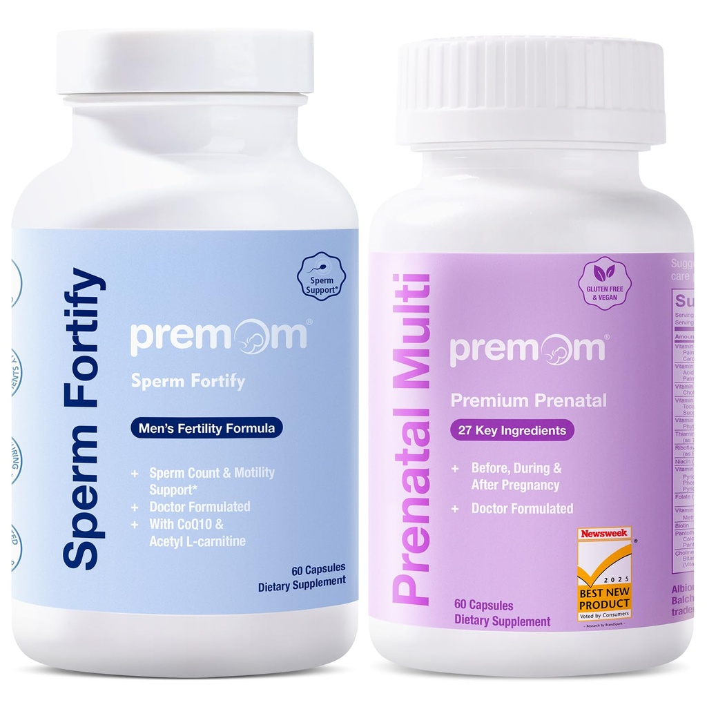 Premom Male Sperm Fortify Capsules - Male Fertility Supplements for Men - Prenatal Vitamins for Women Bundle – Conception for Her Multivitamin – 120 Count