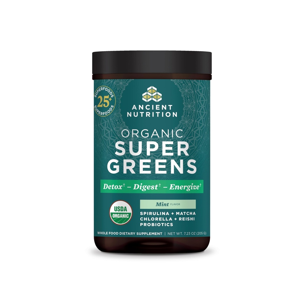 Ancient Nutrition SuperGreens Powder with Probiotics, Organic Peppermint Flavor Greens, Made from Real Fruits, Vegetables and Herbs, for Digestive and Energy Support, 25 Servings, 7.23oz