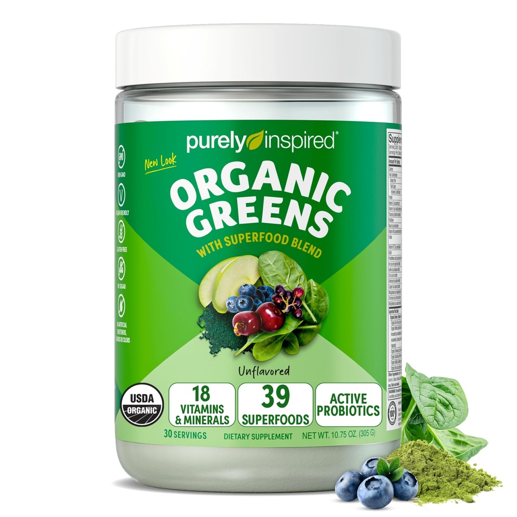 Αμιγώς εμπνευσμένο οργανικό πράσινο σκόνη Superfood Smoothie Mix, Unflavoured (30 σερβιρίσματος) - Super Greens με προβιοτικά, Spirulina & Chlorella για την ουλίτιδα & Digestive Health - Vegan