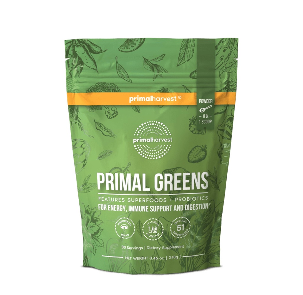 Primal Συγκομιδή Super Greens σκόνη, 30 εξυπηρετούν w/+50 Πράσινα Superfood Chlorella, Προβιοτικά, Πράσινο Τσάι, Wheatgrass, Kale, Κουρκουμάς για την ενέργεια, Primal Greens