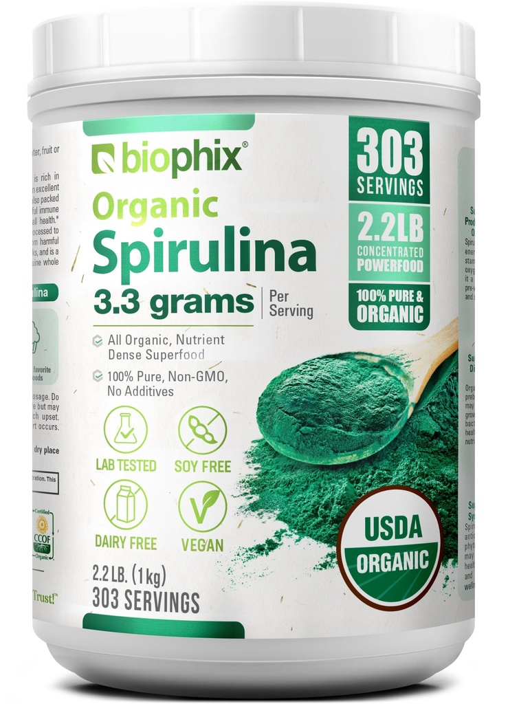 biophix Organic Spirulina Powder, 2.2 Lbs 100% Pure Spirulina Blue Green Algae Powder, Vegan, Non GMO, Non-Irradiated, USDA Certified, Best Protein Superfood