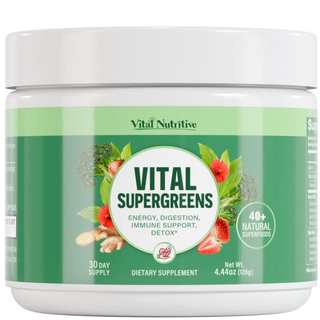Vital Greens Superfood Powder – New Formula with 40+ Superfoods Daily Green Drink Powder w/Probiotics – Supergreens for Energy, Gut Health, Digestion Support, Plant-Based, Vegan Superfoods