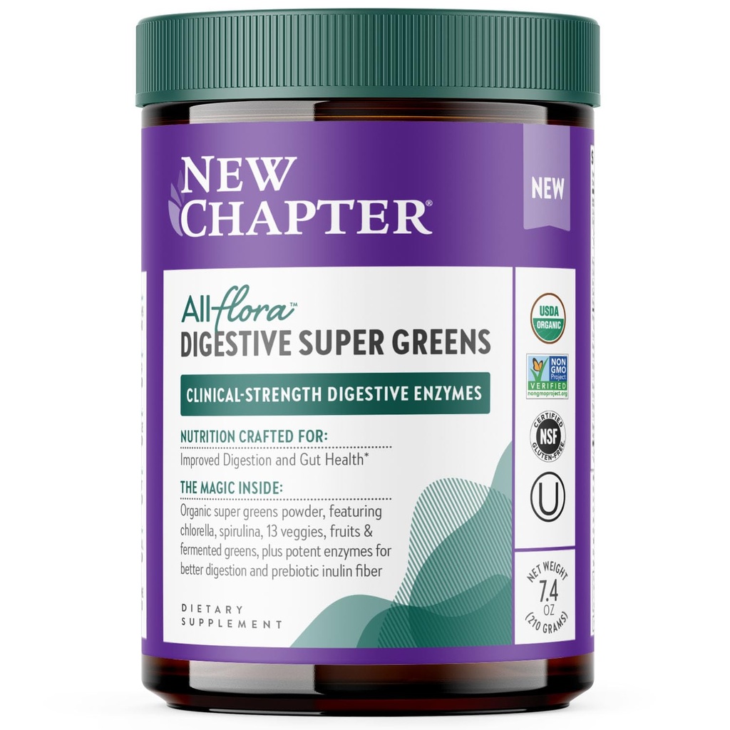 New Chapter All-Flora Digestive Super Greens Powder for Gut Health - Clinical-Strength Digestive Enzymes + USDA Organic Chlorella, Spirulina, Fermented Greens – Delicious & 100% Vegan, 30 Servings