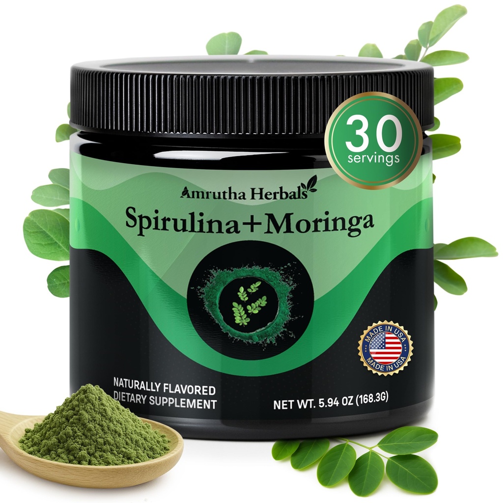 Organic Spirulina + Organic Moringa Greens Powder, Gluten-Free, Vegan Friendly, Detox & Digest, Superfoods 30 Servings Made in USA