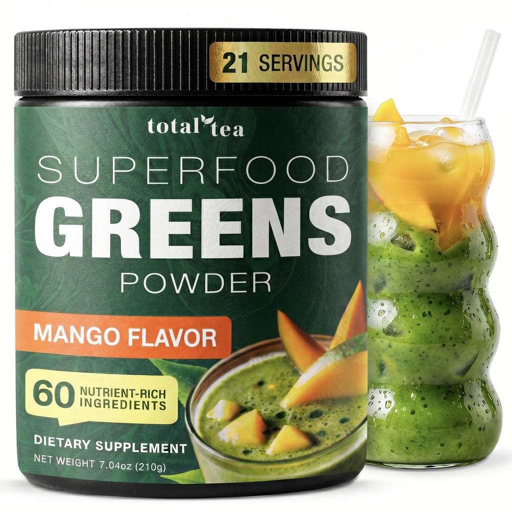 Σύνολο Τσάι Super Greens συμπλήρωμα σκόνης, Πράσινα, φρούτα, λαχανικά, Vegan ποτό με Spirulina, Chlorella και βιταμίνες 25 Σερβίρει - Mango