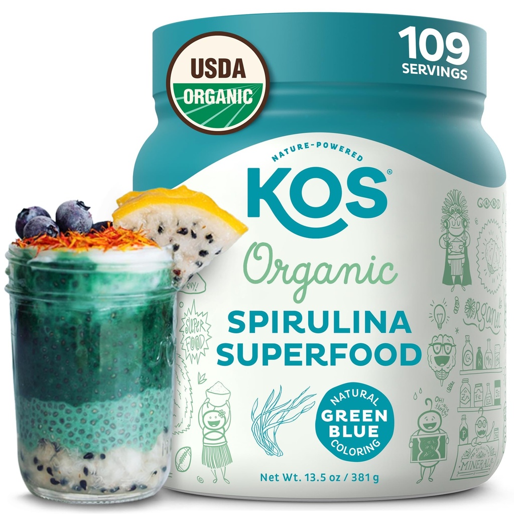 KOS Organic Spirulina Powder - USDA Certified Organic, 109 Σερβιέτες Superfood Powder για Smoothies & Juces, μη ακτινοβολημένα Blue Green Algae, Plant Based with Antioxidants, Vegan (13.5oz)