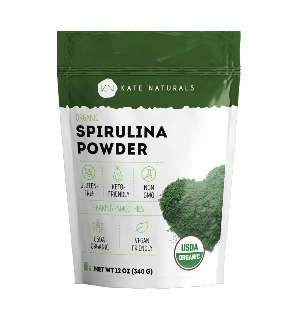 Kate Naturals Βιολογική σκόνη Spirulina. Συμπληρώματα υπερτροφών με θρεπτικό πόνο (12 oz, USDA Certified, μη ΓΤΟ, χωρίς γλουτένη)
