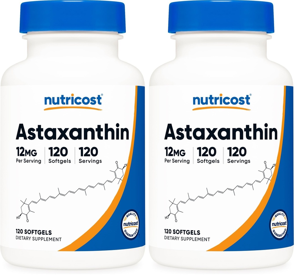 Nutricost Ασταξανθίνη 12mg, Μη ΓΤΟ και Χωρίς Γλουτένη, 120 Softgels (4 Μήνας Προμήθεια) (Συσκευασία του 2)
