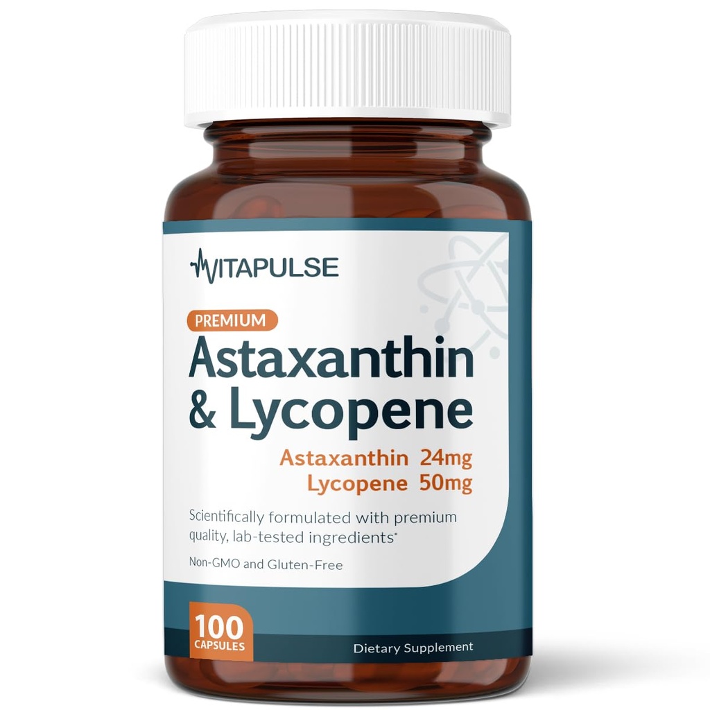 Ασταξανθίνη 24mg με Lycopene 50mg συμπλήρωμα, 100 κάψουλες χορτοφάγων, μη ΓΤΟ, Χωρίς γλουτένη