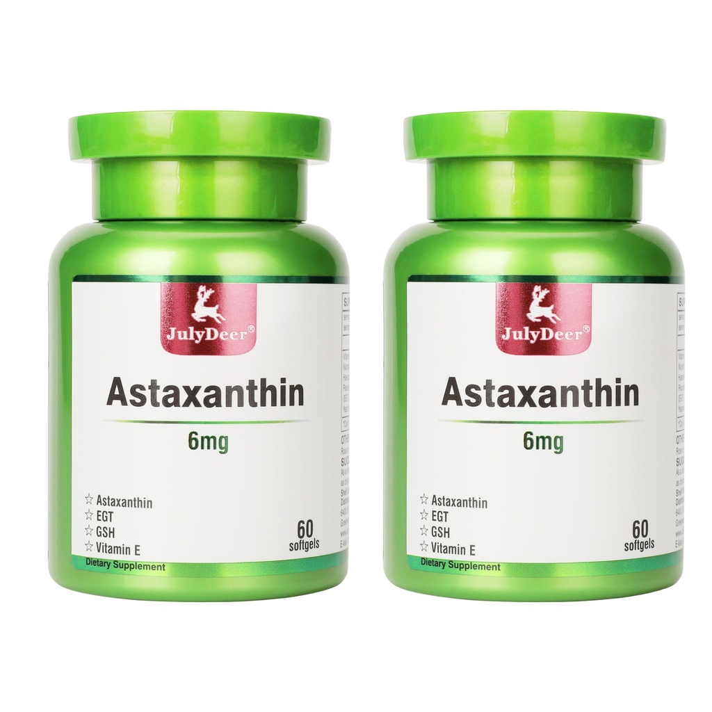 JulyDeer 2 Φιάλες Ασταξανθίνη 6 mg με Νικοτιναμίδη Βιταμίνη Ε Premium Συμπλήρωμα Αντιοξειδωτικών EGT GSH - για το δέρμα, τα μάτια, το κοινό και ανοσοποιητικό σύστημα Υγεία των κυττάρων & ενέργεια丨5 σε 1-120 Softgels