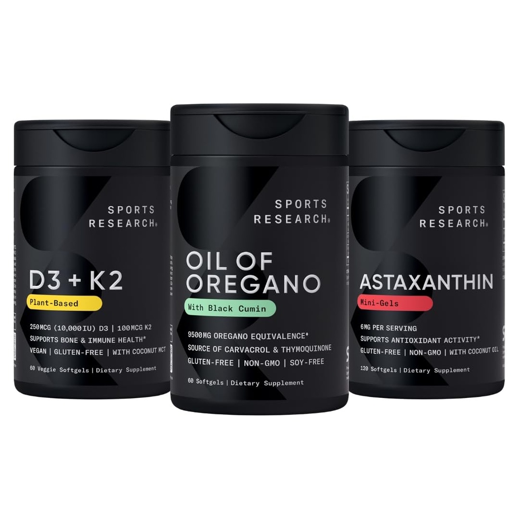 Sports Research® Antioxidant Support Pack - Oil of Oregano 9500mg + Vitamin D3 K2 5000iu + Triple Strength Astaxanthin