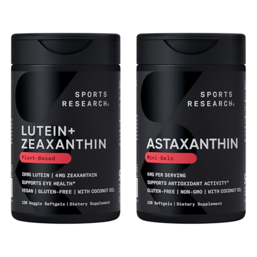 Sports Research® Eye Support - 20mg Lutein + 4mg Zeaxanthin Made with Lute-Gen® and 6mg Astaxanthin Supplement from Islandic Astalif (120 Softgels Each)
